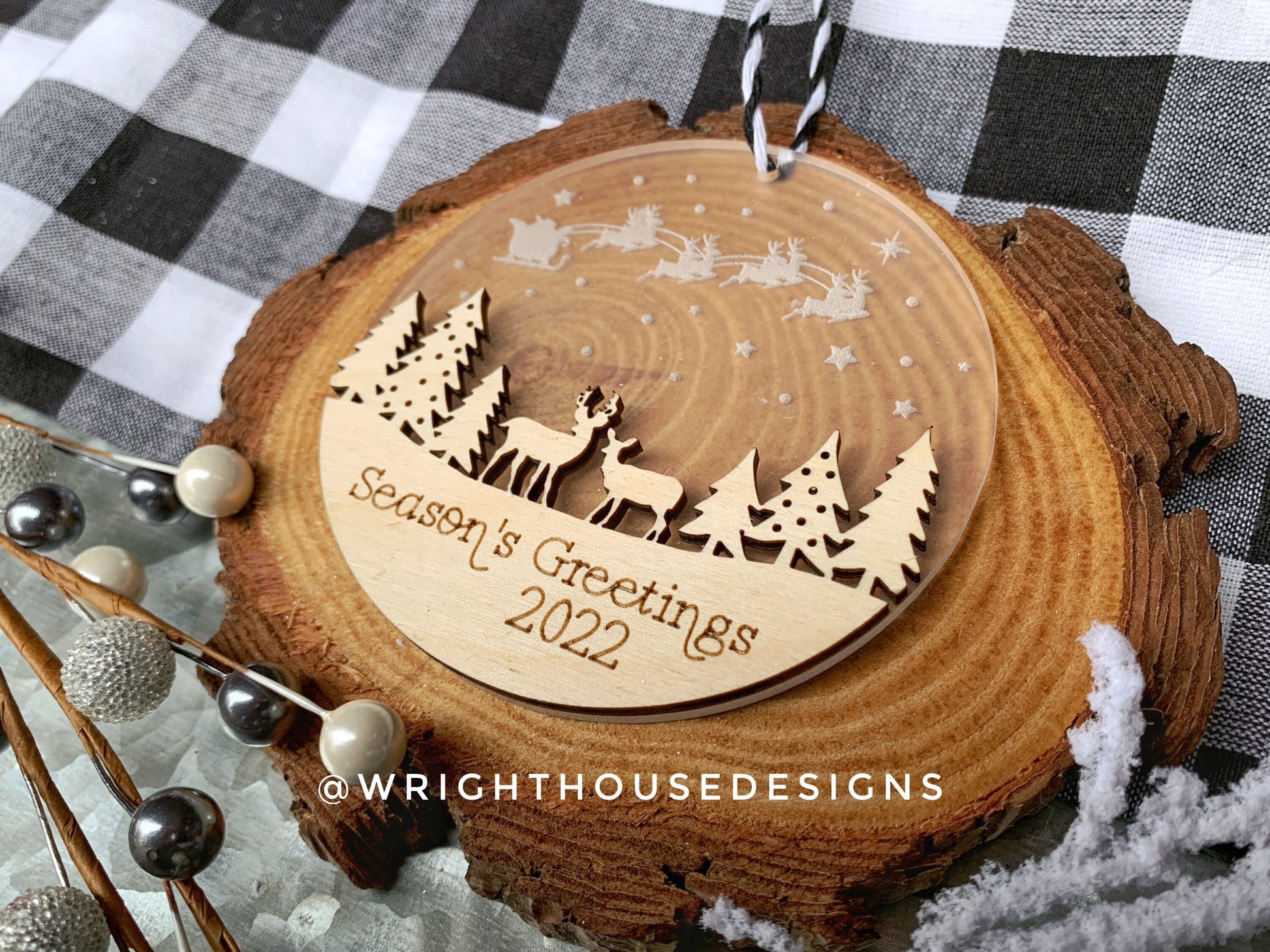 Santa’s Sleigh - Winter Woodland Deer Scene - Yearly Christmas Eve Tree Ornament - Layered Wood and Acrylic - Stocking Tag - Holiday Decor