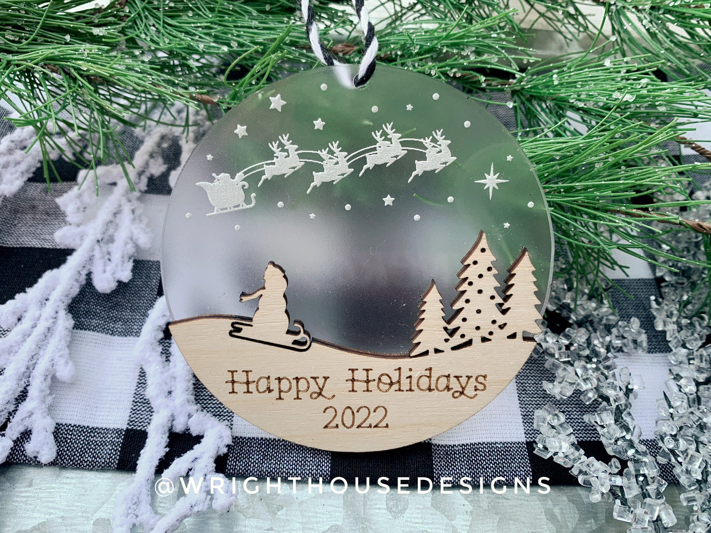 Santa’s Sleigh - Sledding Snowman Winter Scene - Yearly Christmas Eve Tree Ornament - Layered Wood and Acrylic - Stocking Tag -Holiday Decor