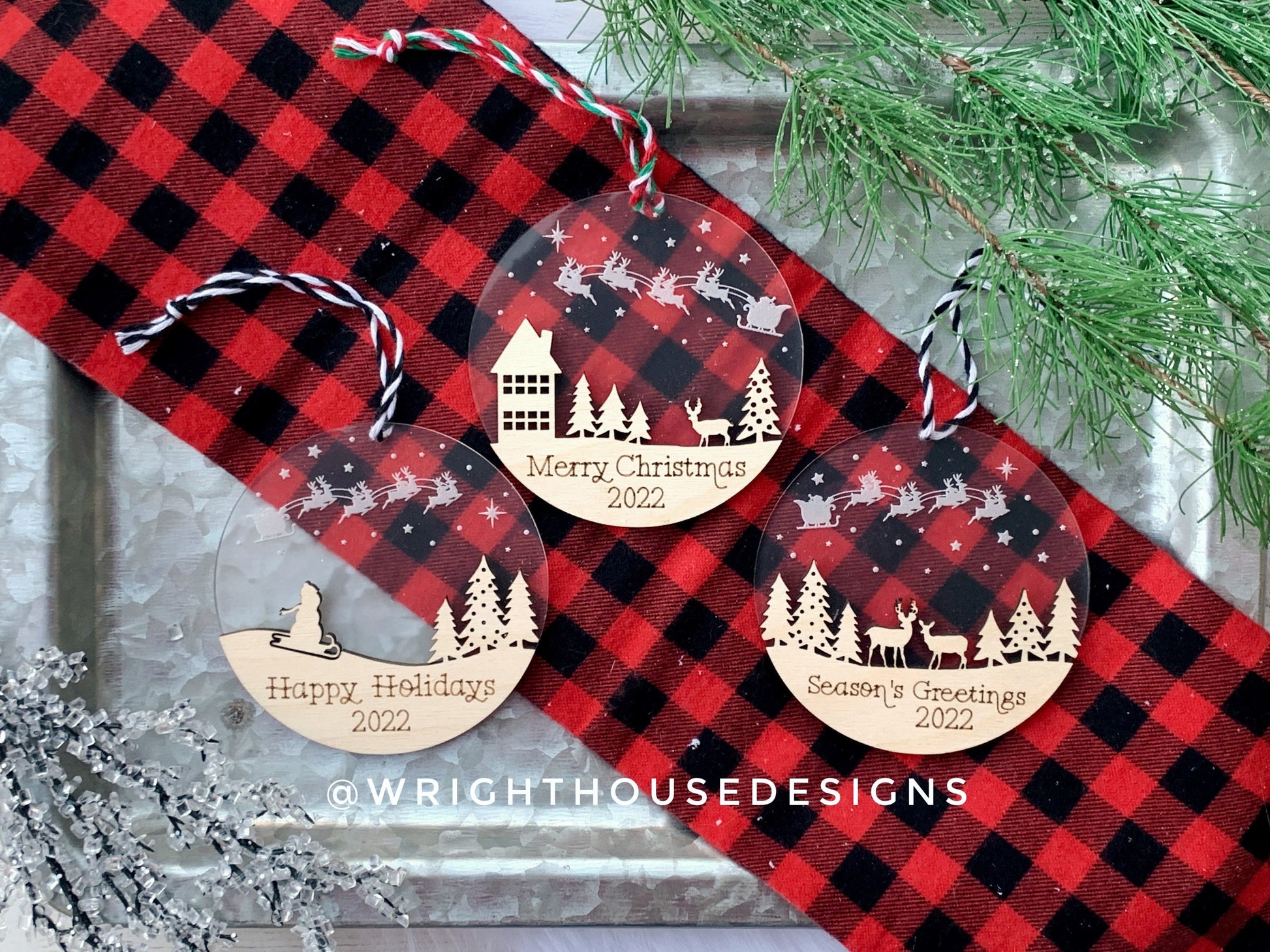 Santa’s Sleigh - Wooded Winter Cabin Scene - Yearly Christmas Eve Tree Ornament - Layered Wood and Acrylic - Stocking Tag - Holiday Decor