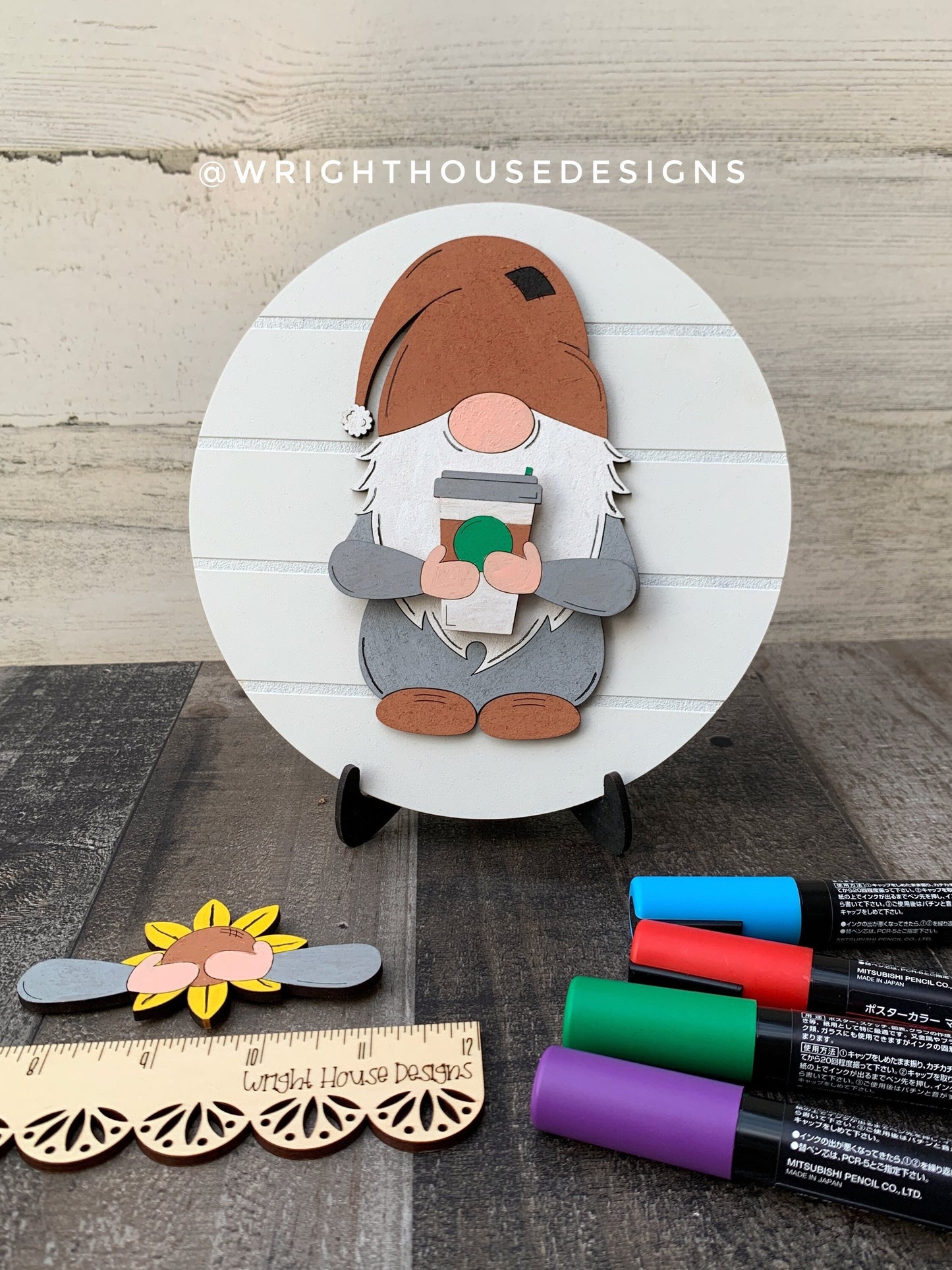 Gnome Interchangeable Sign - Blank Unfinished DIY Craft - Family Paint Night - Kids Art Project - Shelf Sitter Round Shiplap Sign With Stand
