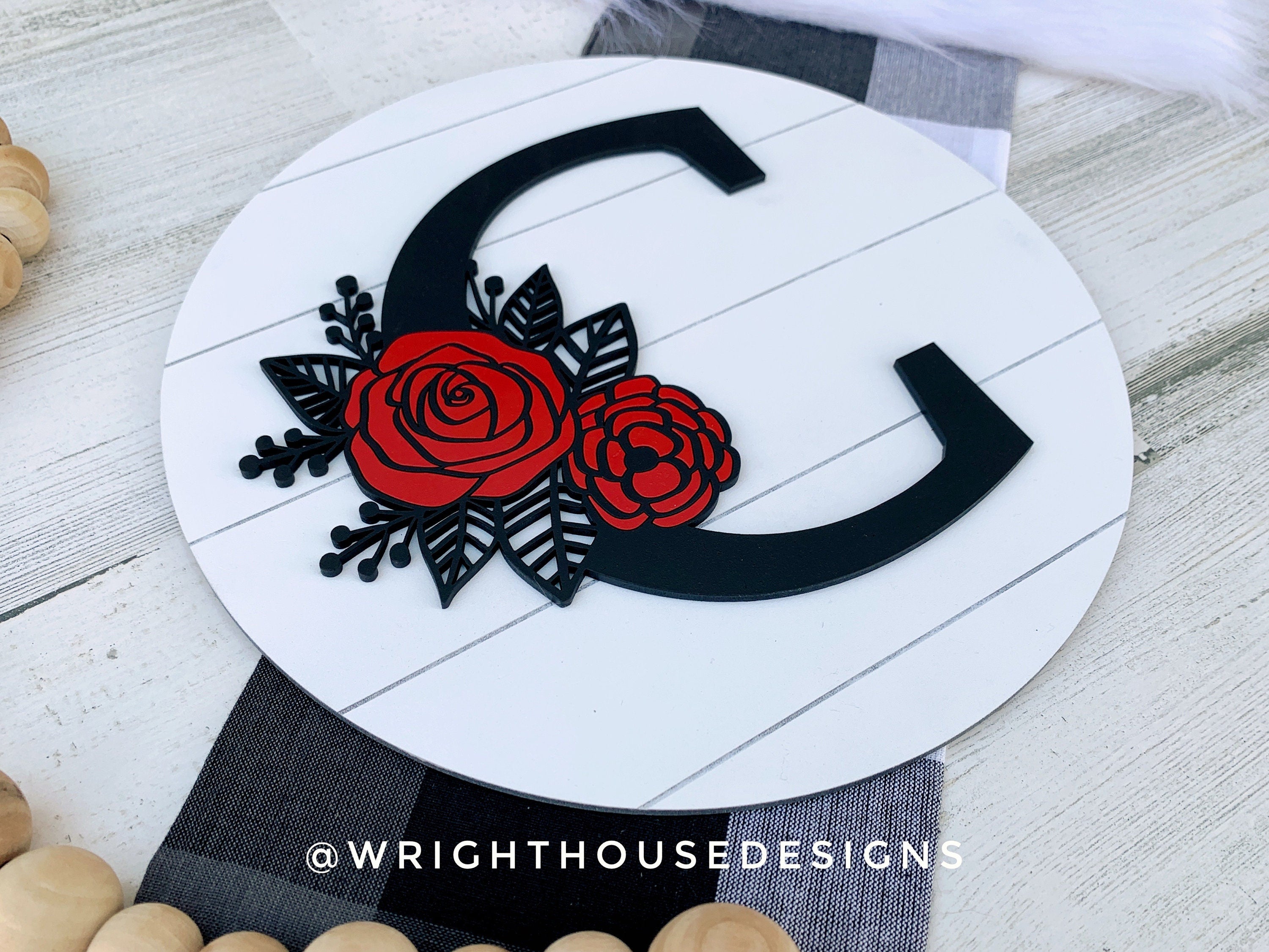 Rose and Carnation Personalized Monogram Family Name - Laser Cut Wood Shiplap Round Sign - Rustic Farmhouse - Southern Style Bookshelf Decor