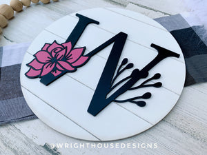 Botanical Floral Personalized Monogram Family Name - Laser Cut Wooden Shiplap Round Sign - Rustic Farmhouse - Southern Style Bookshelf Decor