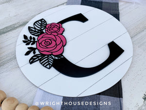 Rose Floral Personalized Monogram Family Name - Laser Cut Wooden Shiplap Round Sign - Rustic Farmhouse - Southern Style Bookshelf Decor