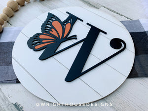 Spring Butterfly Personalized Monogram Family Name - Laser Cut Wooden Shiplap Round Sign - Rustic Farmhouse - Southern Style Bookshelf Decor
