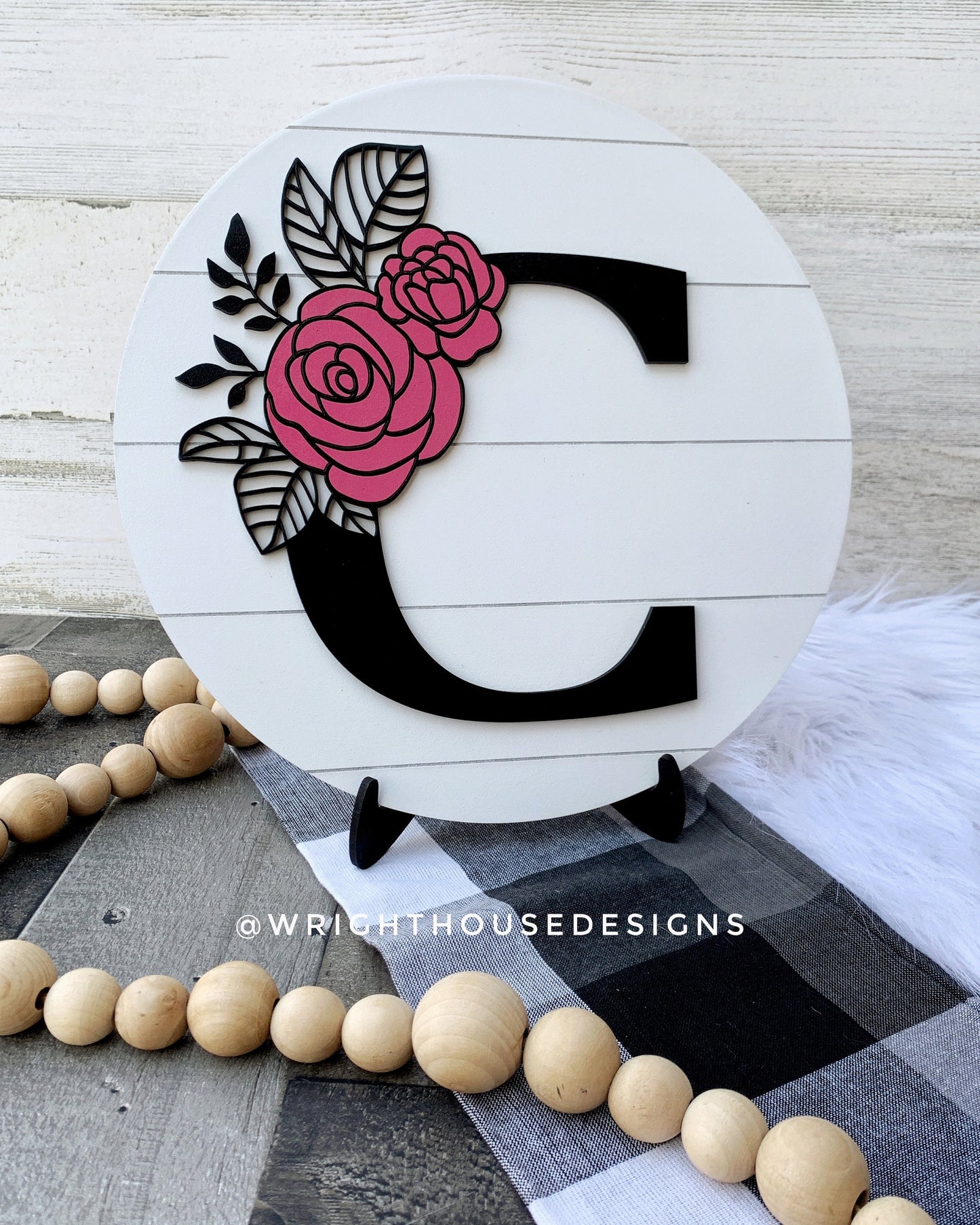 Rose Floral Personalized Monogram Family Name - Laser Cut Wooden Shiplap Round Sign - Rustic Farmhouse - Southern Style Bookshelf Decor