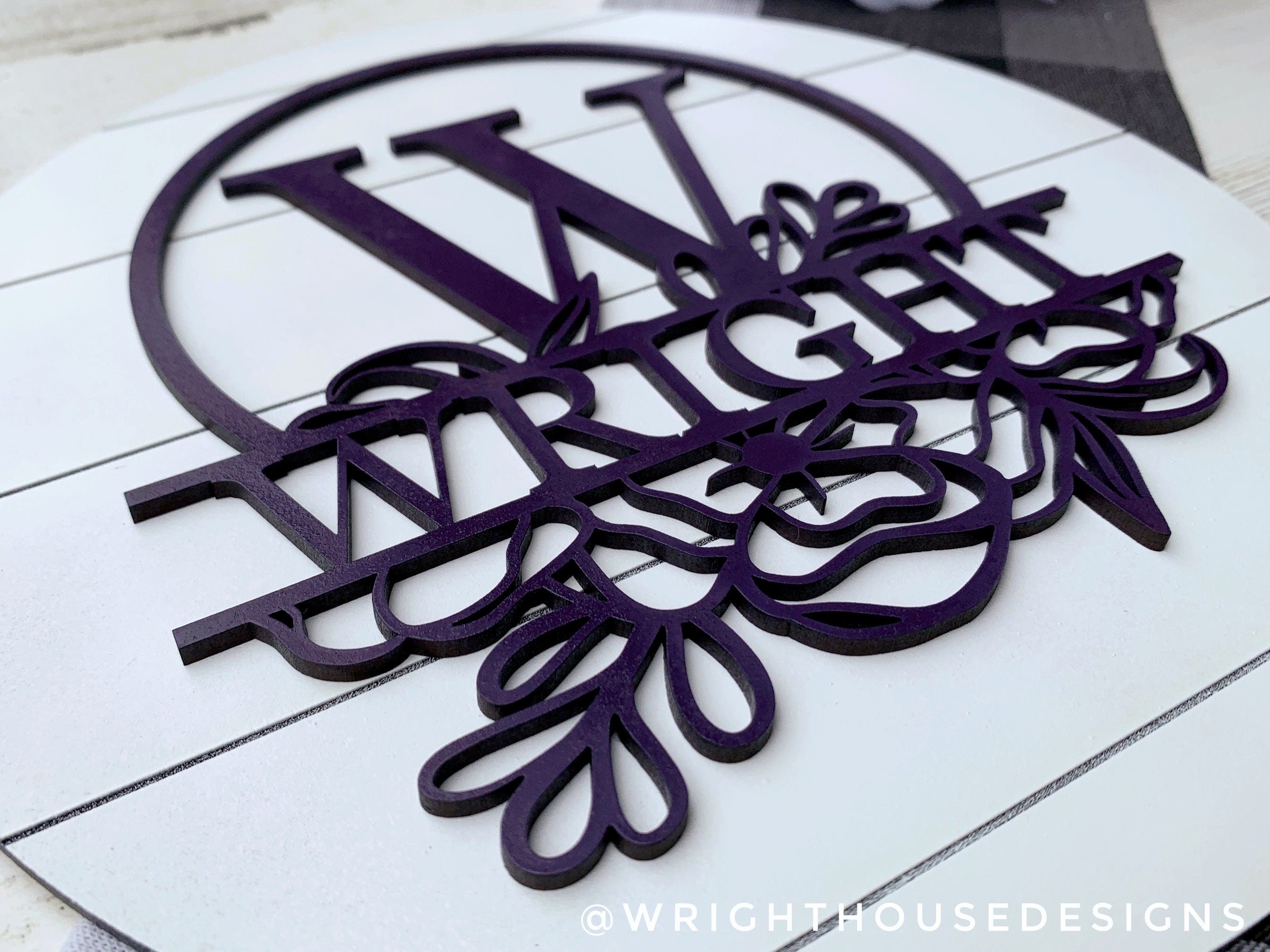 Floral Personalized Split Monogram Family Name - Laser Cut Wooden Shiplap Round Sign - Rustic Farmhouse - Southern Style Bookshelf Decor
