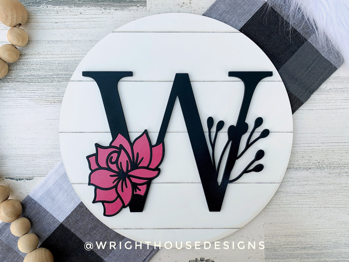 Botanical Floral Personalized Monogram Family Name - Laser Cut Wooden Shiplap Round Sign - Rustic Farmhouse - Southern Style Bookshelf Decor