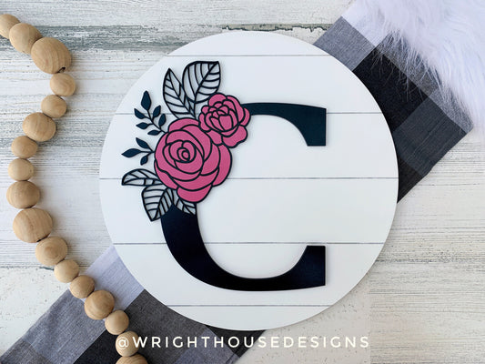 Rose Floral Personalized Monogram Family Name - Laser Cut Wooden Shiplap Round Sign - Rustic Farmhouse - Southern Style Bookshelf Decor