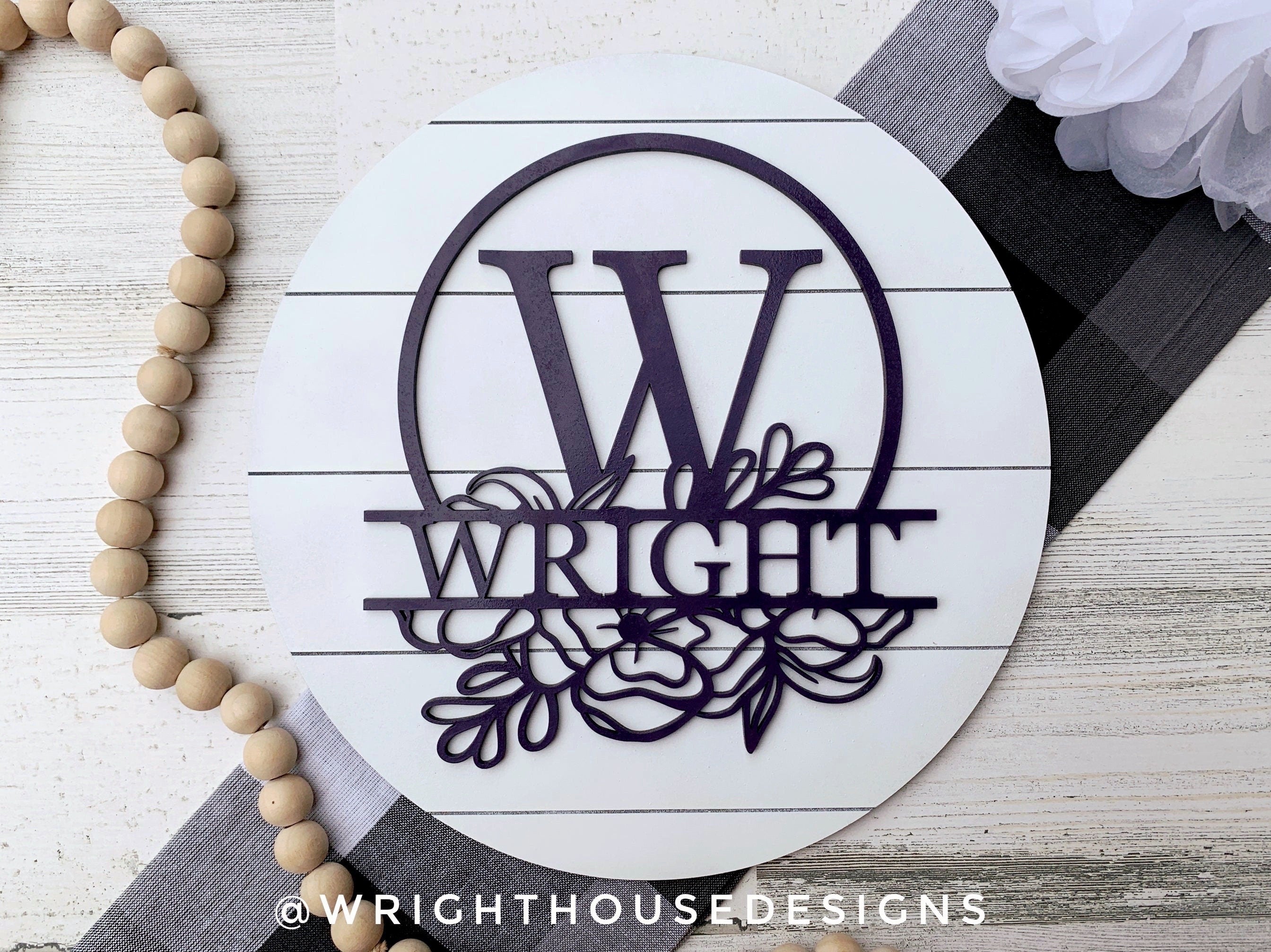 Floral Personalized Split Monogram Family Name - Laser Cut Wooden Shiplap Round Sign - Rustic Farmhouse - Southern Style Bookshelf Decor
