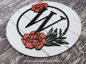 Peony Floral Personalized Monogram Family Name - Laser Cut Wooden Shiplap Round Sign - Rustic Farmhouse - Southern Style Bookshelf Decor