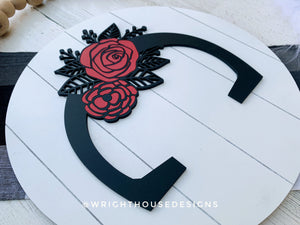 Rose and Carnation Personalized Monogram Family Name - Laser Cut Wood Shiplap Round Sign - Rustic Farmhouse - Southern Style Bookshelf Decor