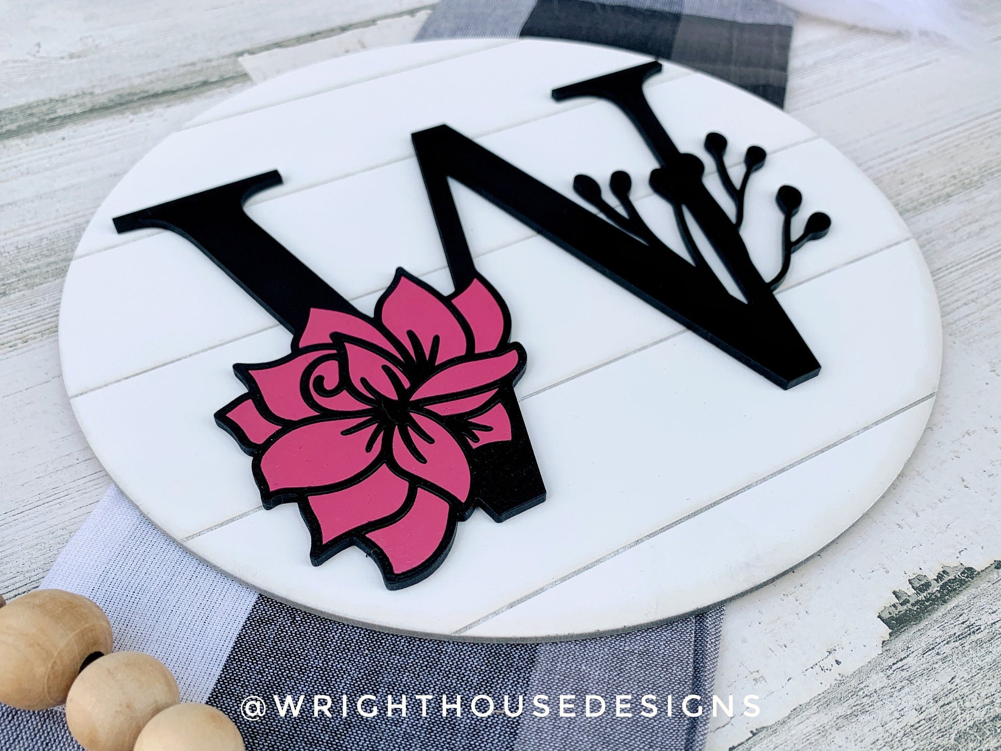 Botanical Floral Personalized Monogram Family Name - Laser Cut Wooden Shiplap Round Sign - Rustic Farmhouse - Southern Style Bookshelf Decor