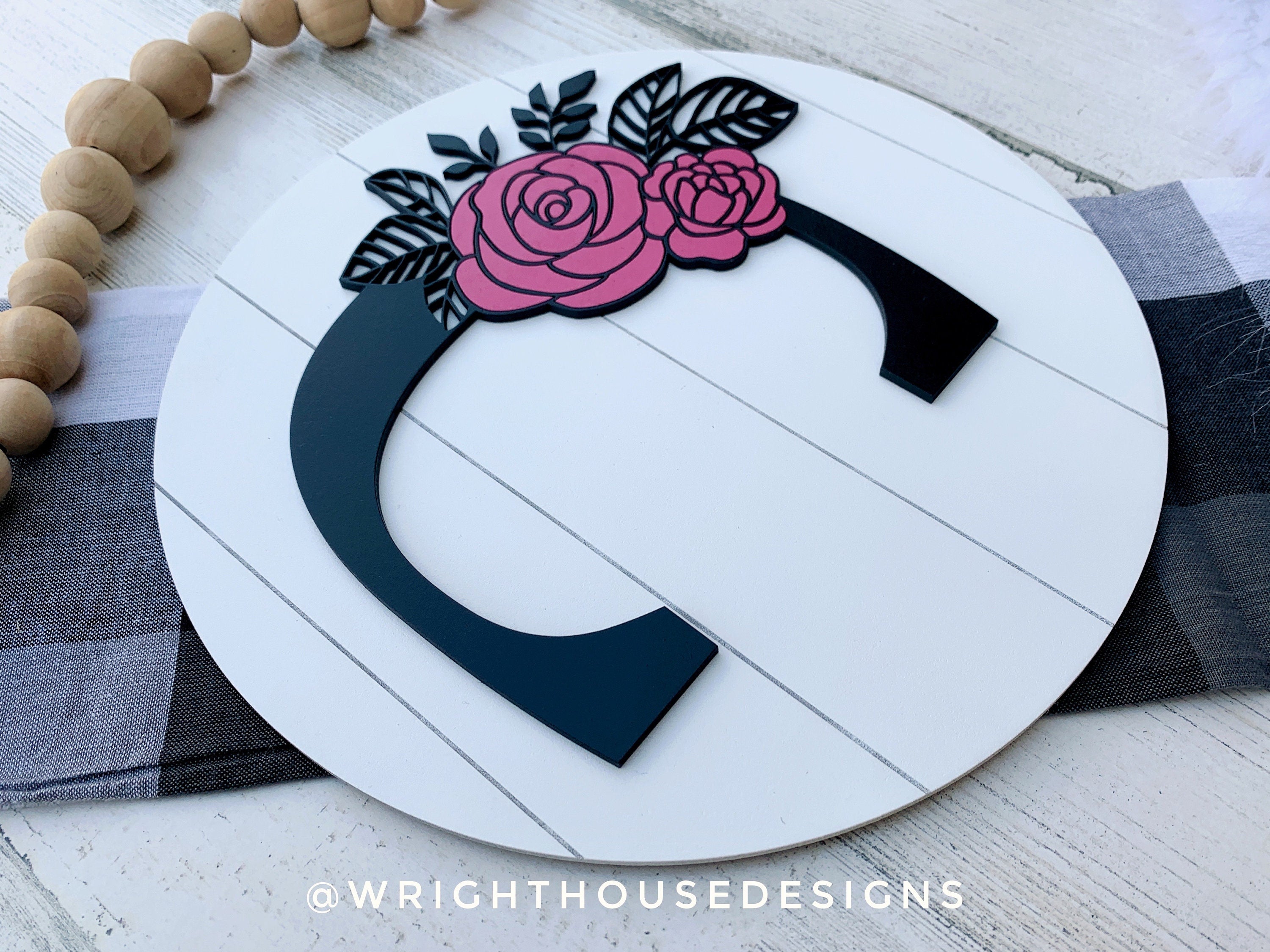 Rose Floral Personalized Monogram Family Name - Laser Cut Wooden Shiplap Round Sign - Rustic Farmhouse - Southern Style Bookshelf Decor