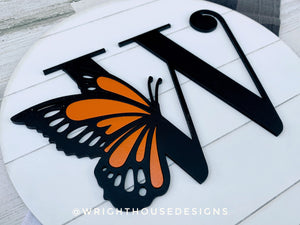 Spring Butterfly Personalized Monogram Family Name - Laser Cut Wooden Shiplap Round Sign - Rustic Farmhouse - Southern Style Bookshelf Decor