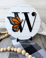 Load image into Gallery viewer, Spring Butterfly Personalized Monogram Family Name - Laser Cut Wooden Shiplap Round Sign - Rustic Farmhouse - Southern Style Bookshelf Decor
