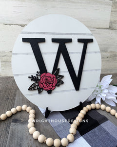 Rose Bud Floral Personalized Monogram Family Name - Laser Cut Wooden Shiplap Round Sign - Rustic Farmhouse - Southern Style Bookshelf Decor