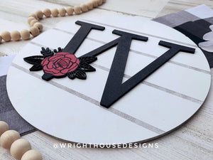 Rose Bud Floral Personalized Monogram Family Name - Laser Cut Wooden Shiplap Round Sign - Rustic Farmhouse - Southern Style Bookshelf Decor