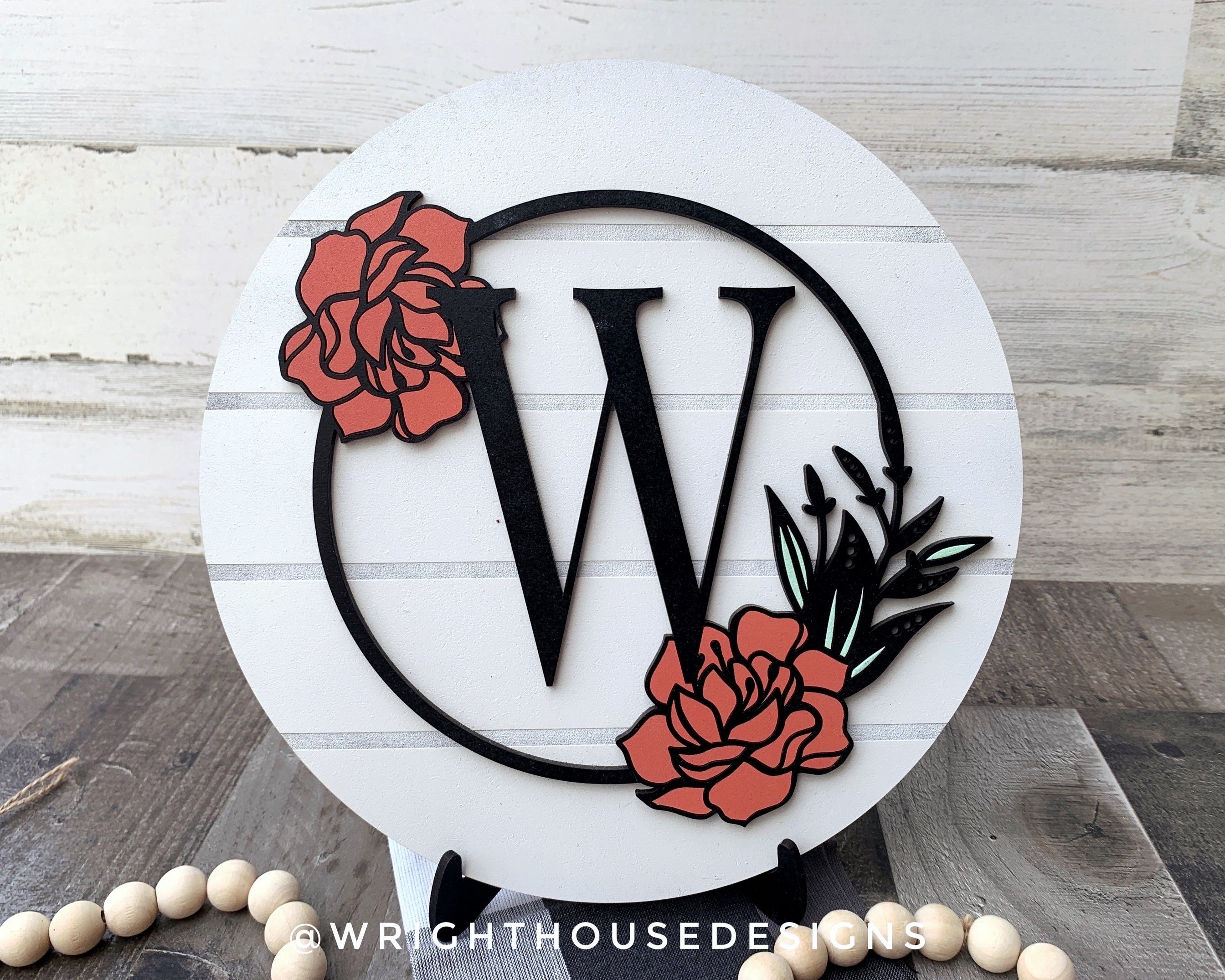 Peony Floral Personalized Monogram Family Name - Laser Cut Wooden Shiplap Round Sign - Rustic Farmhouse - Southern Style Bookshelf Decor