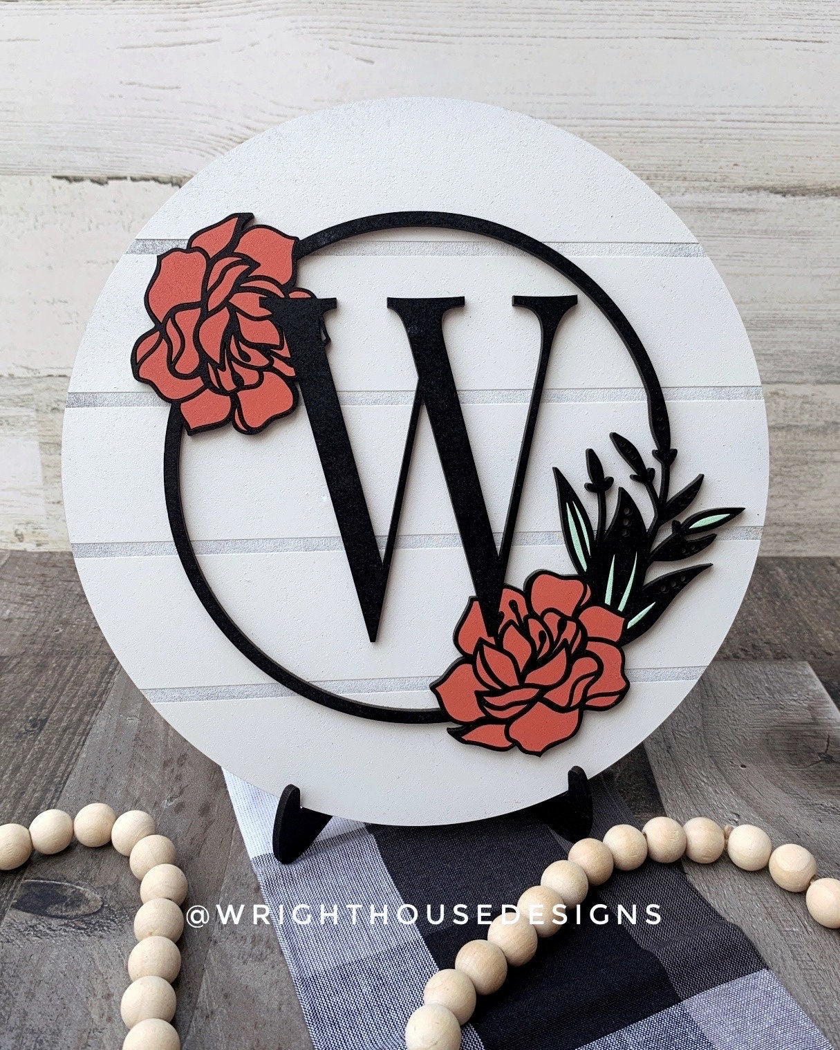 Peony Floral Personalized Monogram Family Name - Laser Cut Wooden Shiplap Round Sign - Rustic Farmhouse - Southern Style Bookshelf Decor