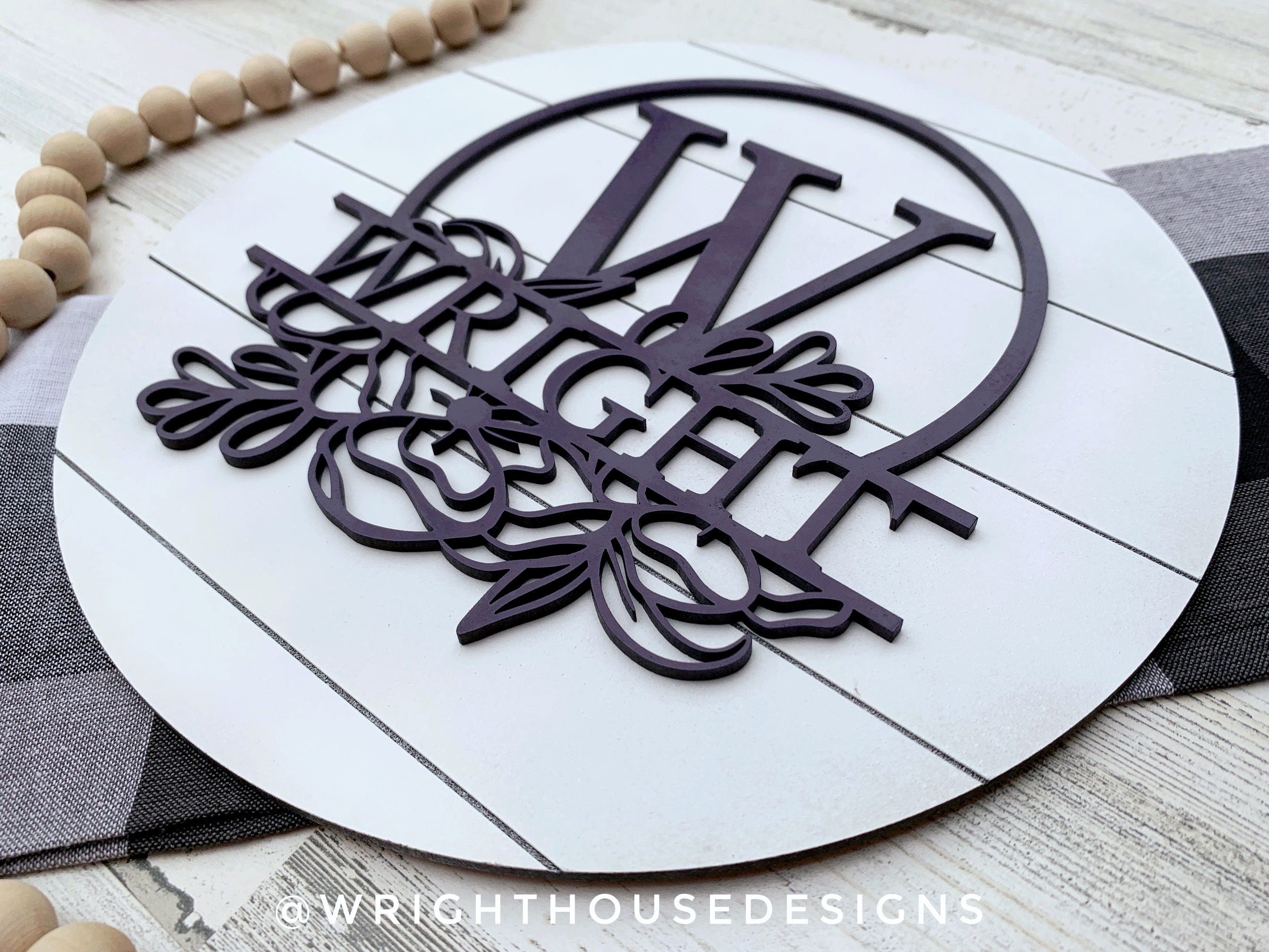 Floral Personalized Split Monogram Family Name - Laser Cut Wooden Shiplap Round Sign - Rustic Farmhouse - Southern Style Bookshelf Decor