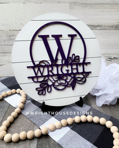 Floral Personalized Split Monogram Family Name - Laser Cut Wooden Shiplap Round Sign - Rustic Farmhouse - Southern Style Bookshelf Decor