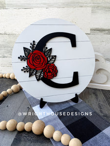 Rose and Carnation Personalized Monogram Family Name - Laser Cut Wood Shiplap Round Sign - Rustic Farmhouse - Southern Style Bookshelf Decor