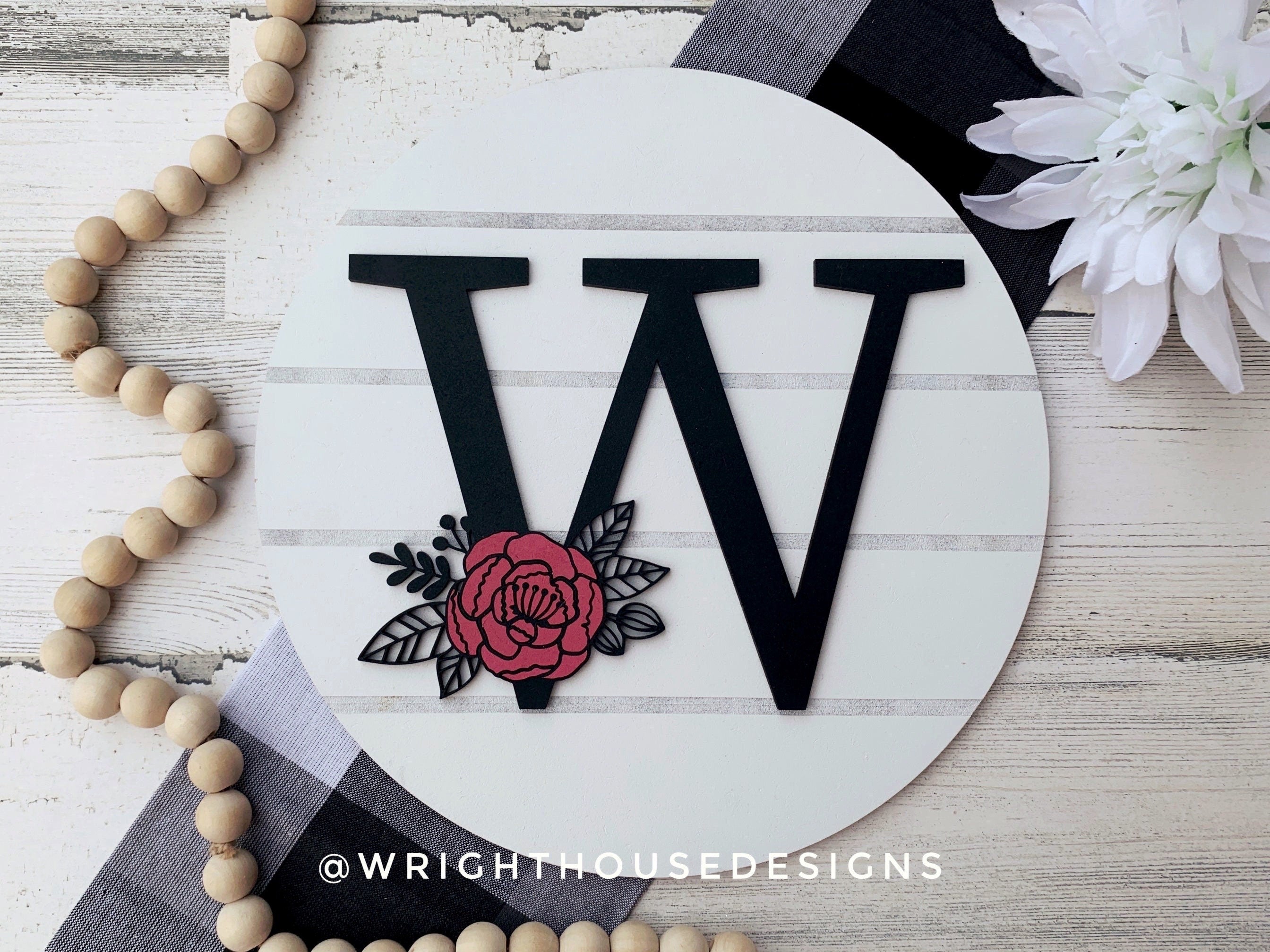 Rose Bud Floral Personalized Monogram Family Name - Laser Cut Wooden Shiplap Round Sign - Rustic Farmhouse - Southern Style Bookshelf Decor