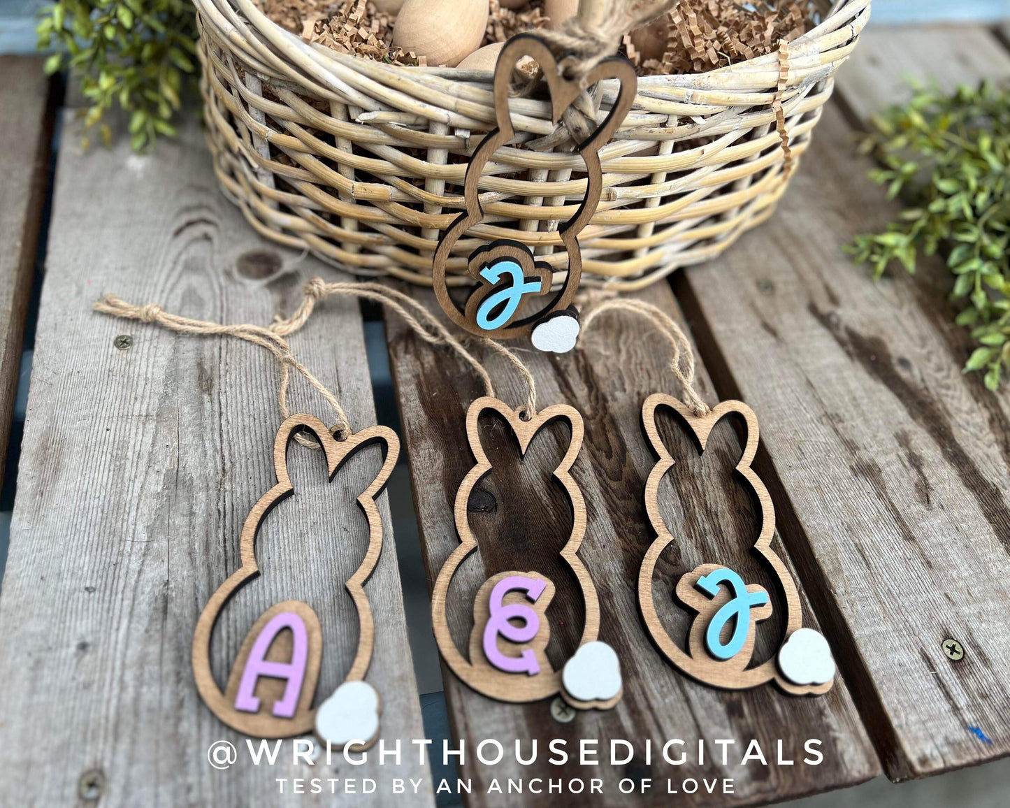 DIGITAL FILE - Easter Bunny Monogram Basket Tags - Personalized Minimalist Ornaments - SVG Cut File For Glowforge - Cut Files For Lasers