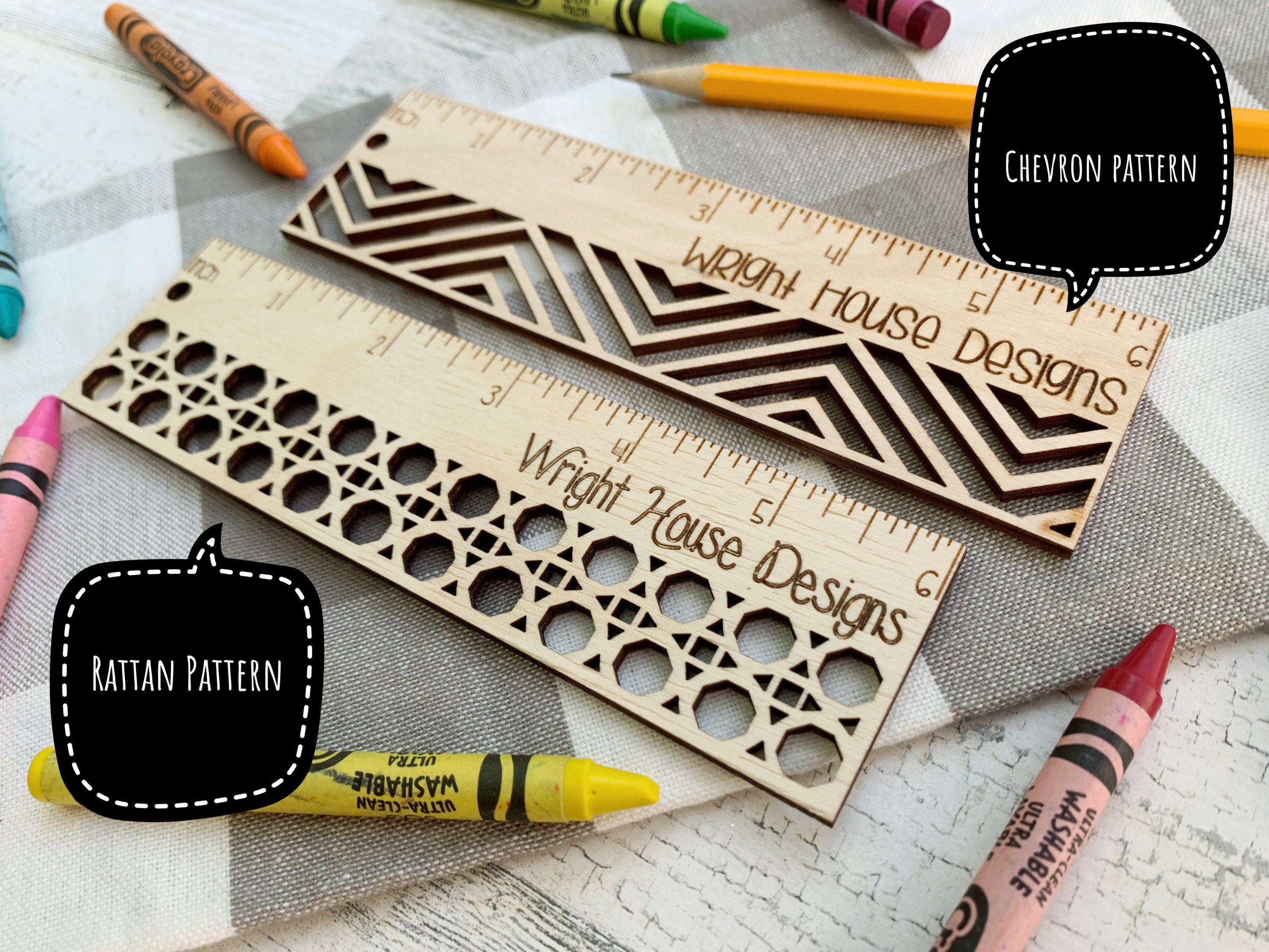 Wood Laser Engraved 6 Inch Ruler - Geometric Pattern - Personalized School and Office Supplies - Custom Monogram Ruler For Kids and Teachers