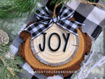 Load image into Gallery viewer, Rustic Farmhouse Wood Slice Ornaments - Buffalo Plaid Christmas Decor - Tree Cookies - Wooden Stocking Tags - Seasonal Tiered Tray Decor
