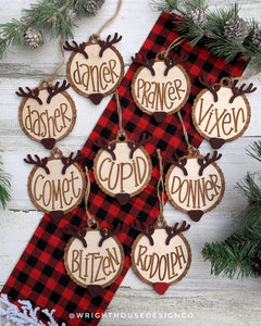 Reindeer Names Wood Slice Ornaments - Rustic Farmhouse Christmas Decor - Tree Cookies - Wooden Stocking Tags - Seasonal Tiered Tray Decor