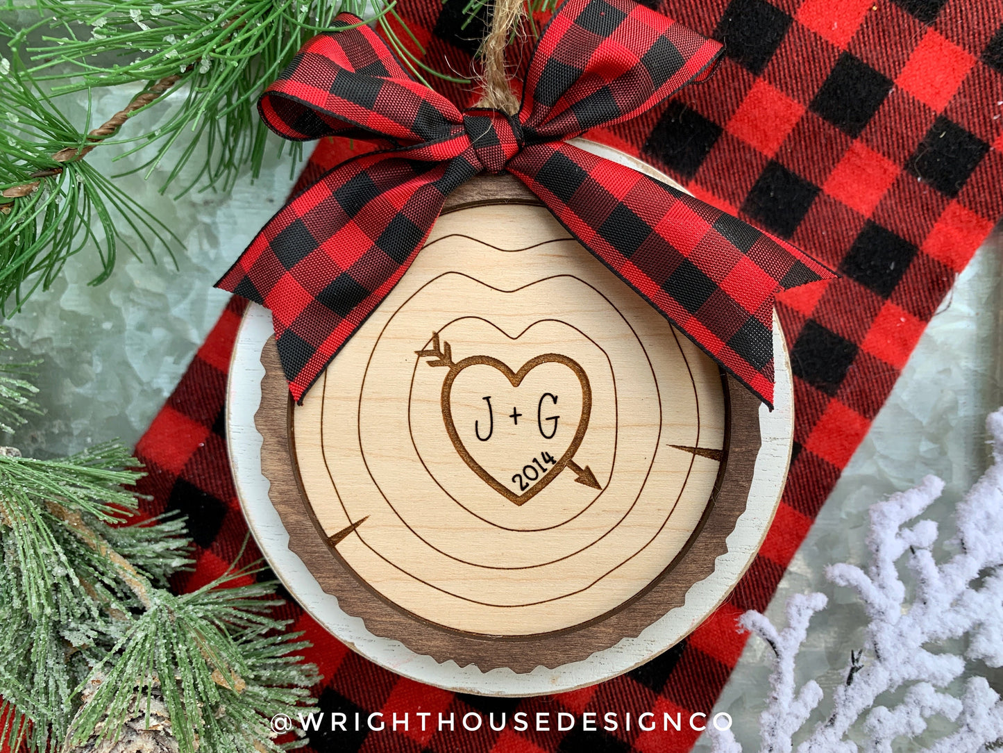 Couples Carved Initials - Wood Slice Ornaments - Rustic Farmhouse Christmas Decor - Tree Cookies - Buffalo Plaid Bows - Wooden Stocking Tags