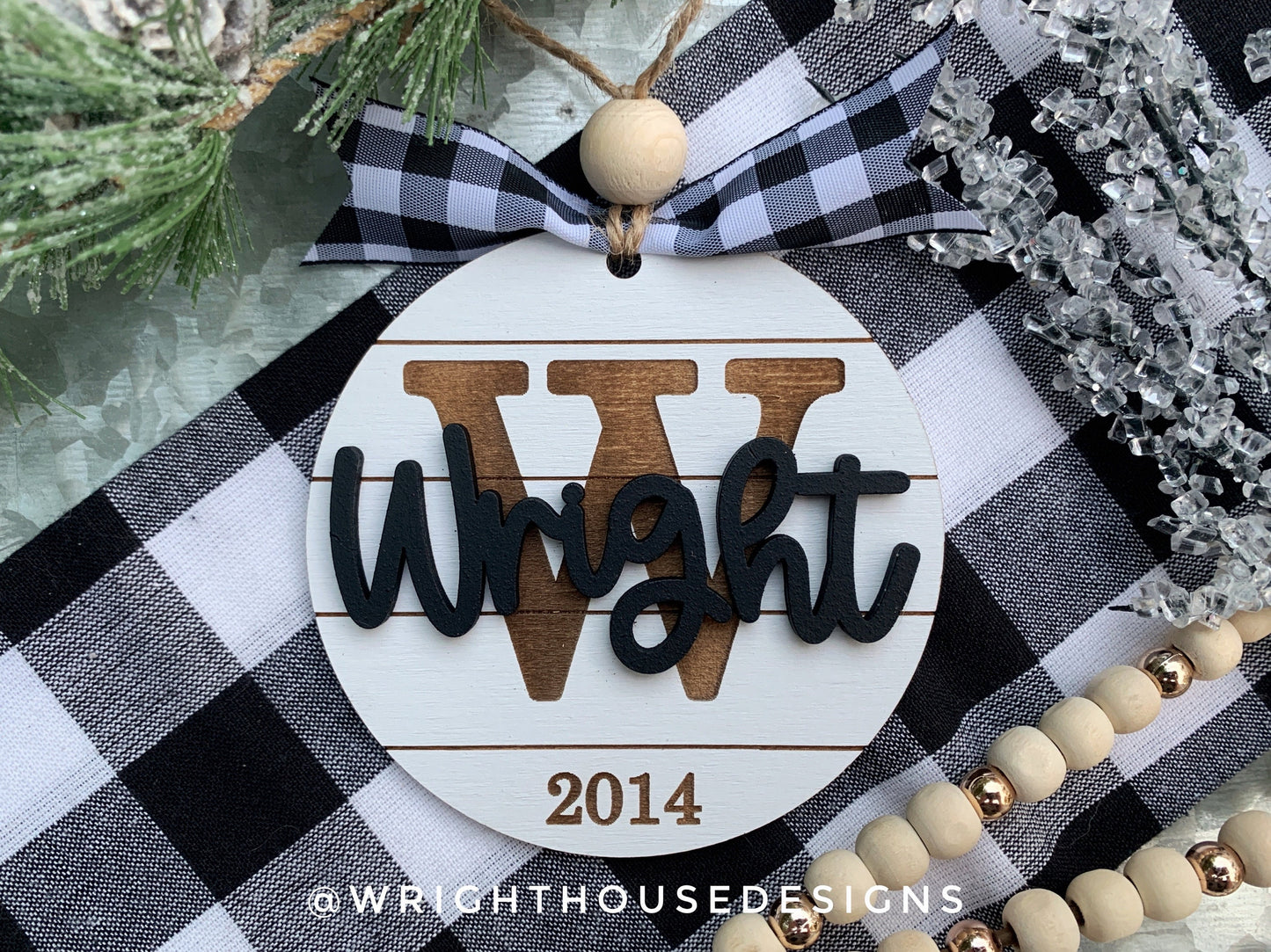 Personalized Family Name and Initial Monogram - Farmhouse Christmas Tree Ornament - Shiplap Stocking Tag - Yearly Holiday Gift for Couples