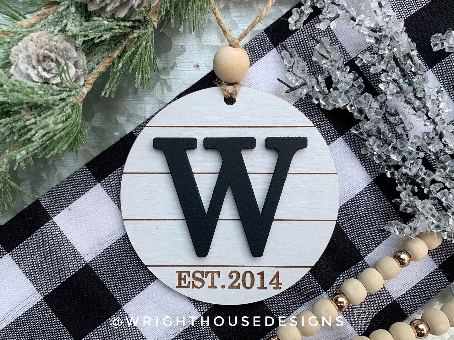 Engraved Established Year and Initial Monogram - Farmhouse Christmas Tree Ornament - Shiplap Stocking Tag - Yearly Holiday Gift for Couples