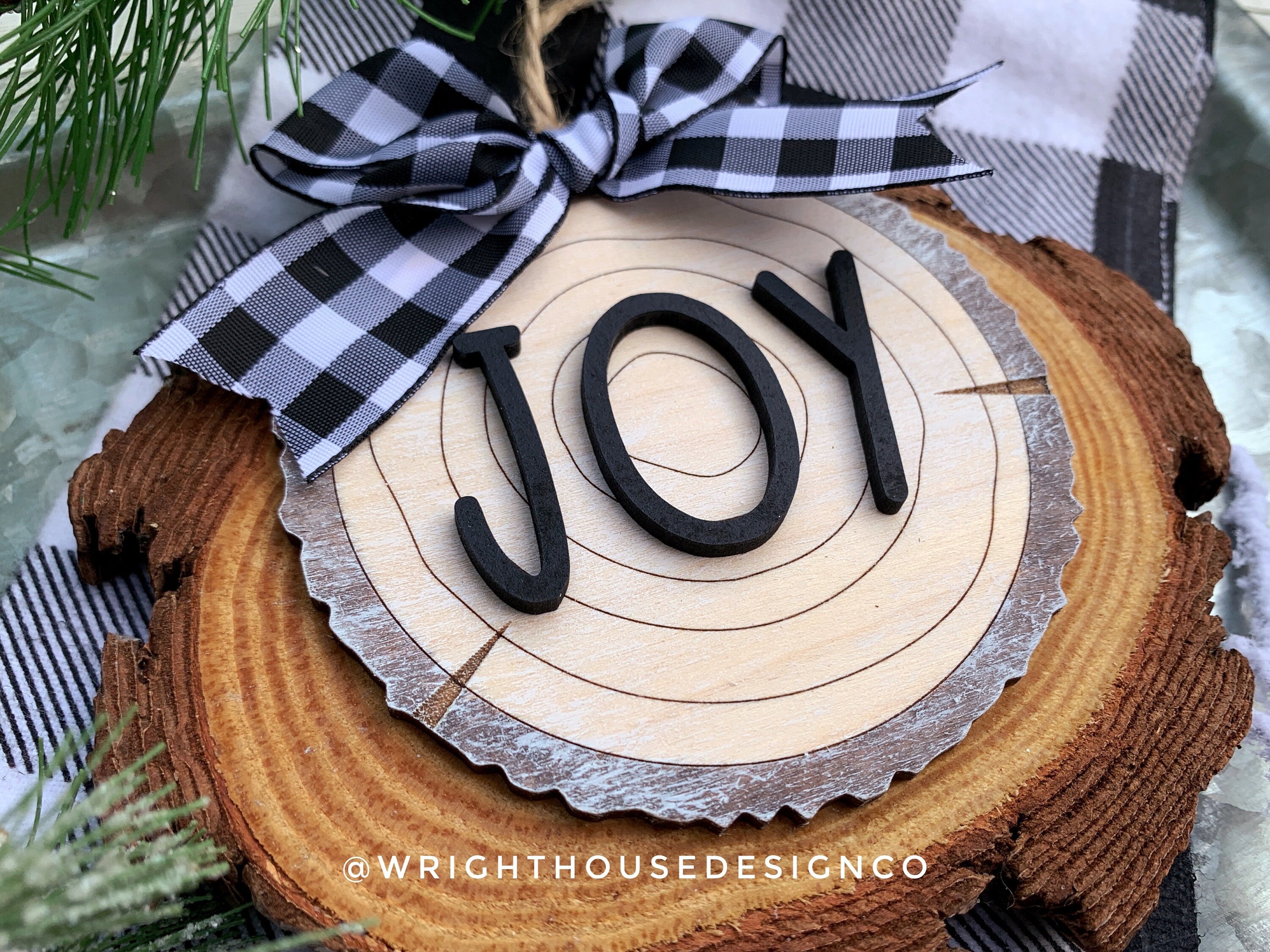 Rustic Farmhouse Wood Slice Ornaments - Buffalo Plaid Christmas Decor - Tree Cookies - Wooden Stocking Tags - Seasonal Tiered Tray Decor