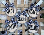 Load image into Gallery viewer, Rustic Farmhouse Wood Slice Ornaments - Buffalo Plaid Christmas Decor - Tree Cookies - Wooden Stocking Tags - Seasonal Tiered Tray Decor
