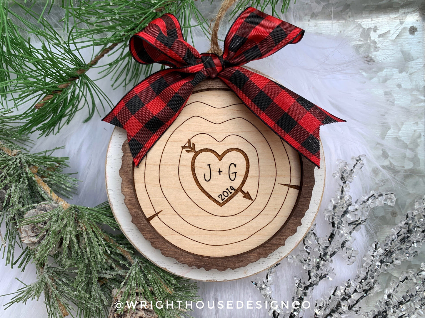 Couples Carved Initials - Wood Slice Ornaments - Rustic Farmhouse Christmas Decor - Tree Cookies - Buffalo Plaid Bows - Wooden Stocking Tags