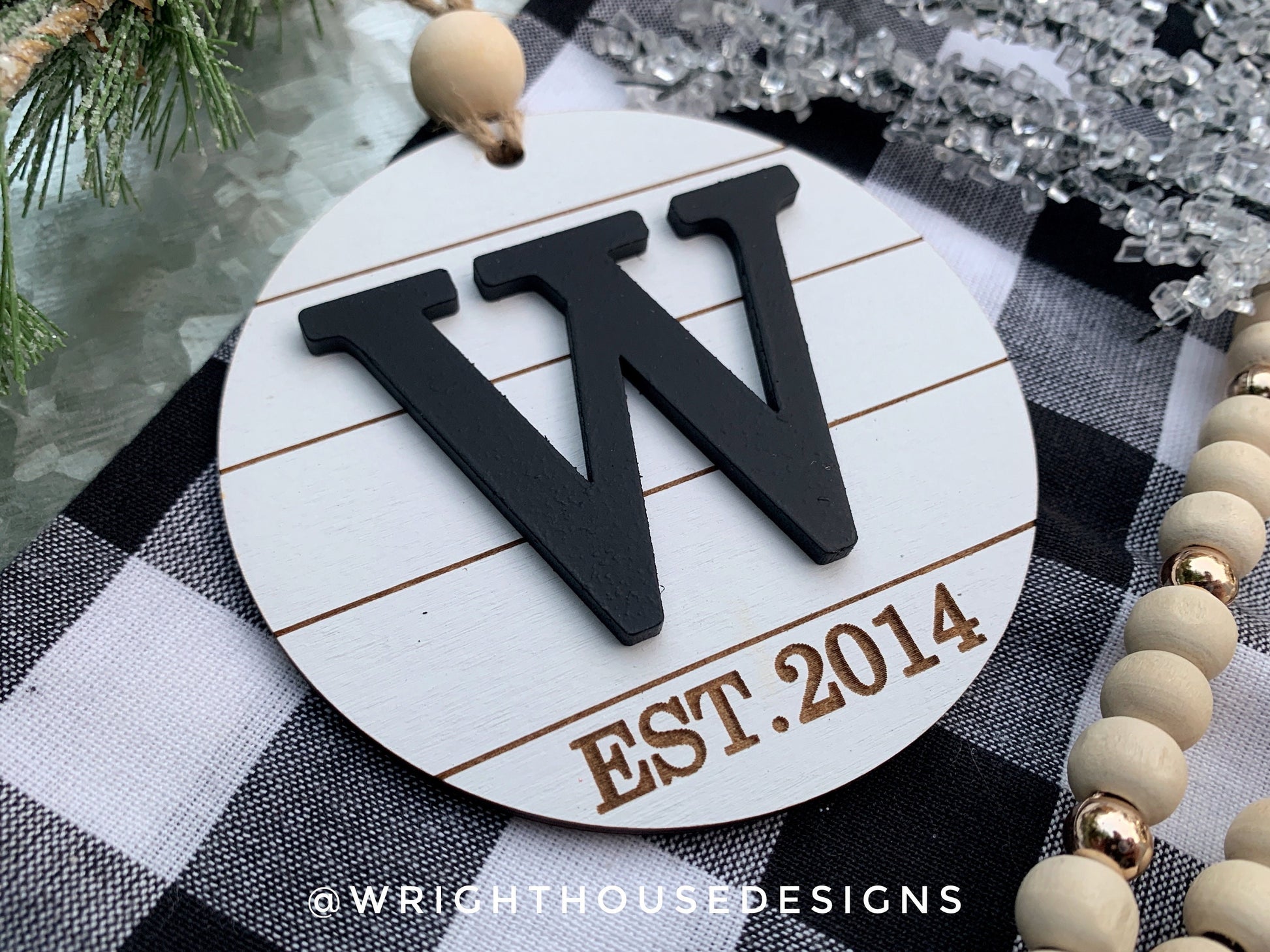 Engraved Established Year and Initial Monogram - Farmhouse Christmas Tree Ornament - Shiplap Stocking Tag - Yearly Holiday Gift for Couples