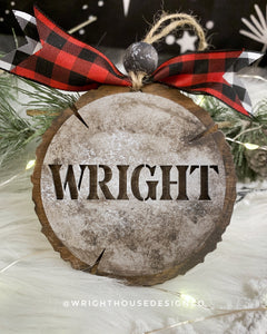 Personalized Last Name - Rustic Galvanized Cookie Tree Ornament - Stencil Wood Slice - Ski Lodge Tree Ornament - Holiday Gift for Couples