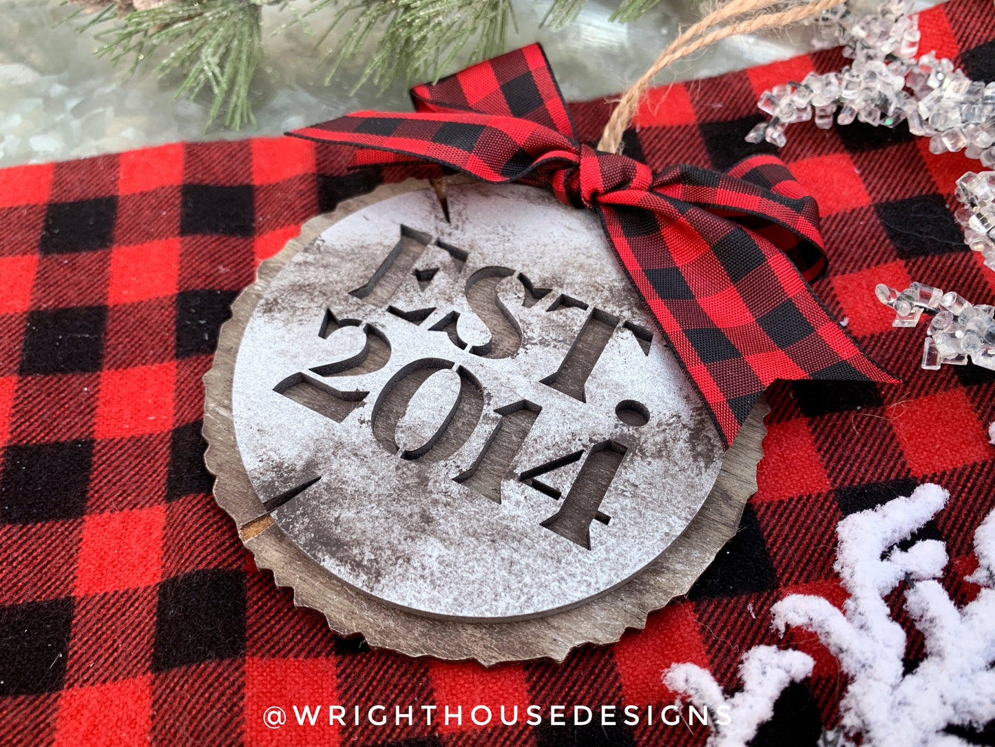 Rustic Galvanized Cookie Tree Ornament - Stencil Established Wood Slice - Ski Lodge Tree Ornament - Year Ornament - Holiday Gift for Couples