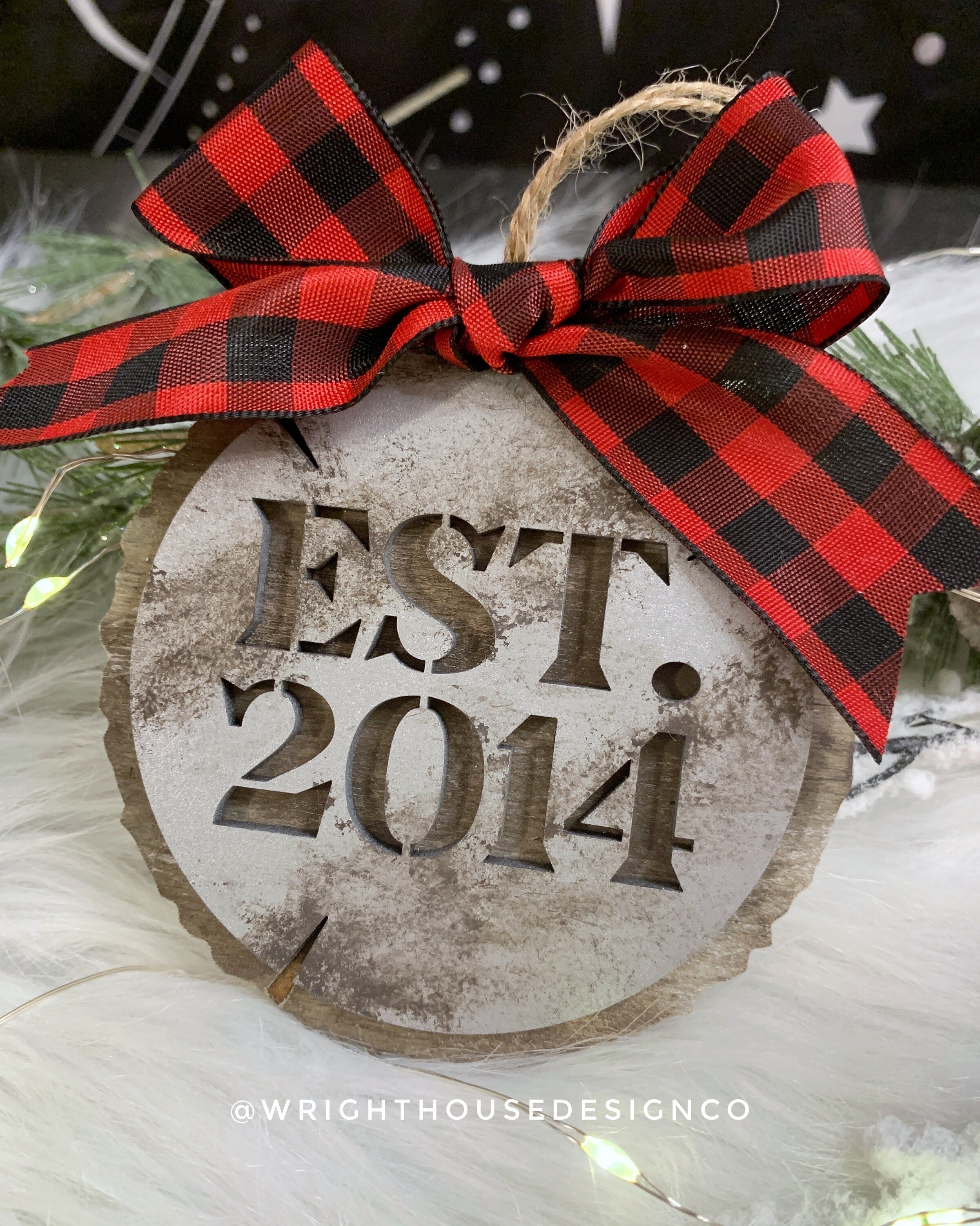Rustic Galvanized Cookie Tree Ornament - Stencil Established Wood Slice - Ski Lodge Tree Ornament - Year Ornament - Holiday Gift for Couples