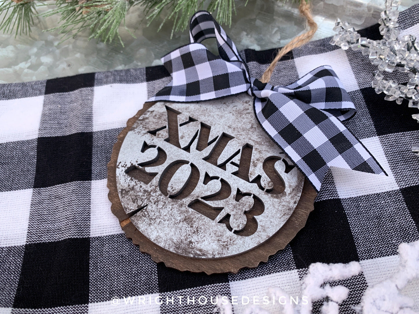 2023 Rustic Farmhouse Galvanized Cookie Tree Ornament - Yearly Ornament - Stencil Wood Slice - Ski Lodge Style Ornament and Stocking Tag