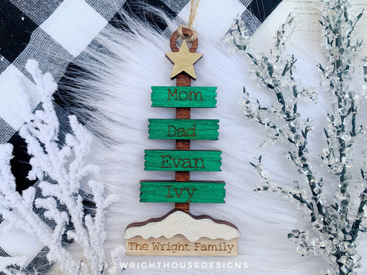 Christmas Plank Pine Tree Personalizable Family Name Ornament - Gift Bag and Stocking Tag - Laser Engraved Wood Holiday Ornament for 2023