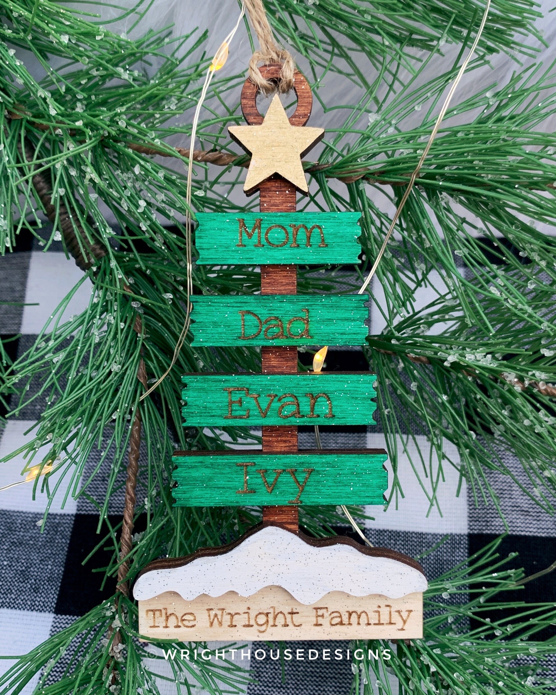 Christmas Plank Pine Tree Personalizable Family Name Ornament - Gift Bag and Stocking Tag - Laser Engraved Wood Holiday Ornament for 2023