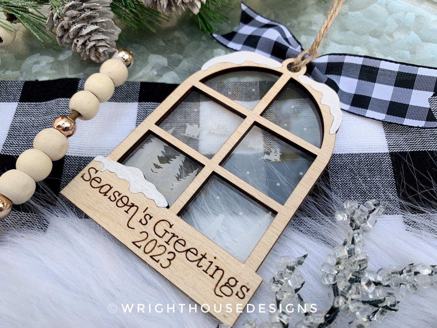 Santa Sleigh Woodland Snowman Scene Ornament - Engraved Personalized Christmas Eve Tree Ornament - Layered Wood and Acrylic Window Ornament