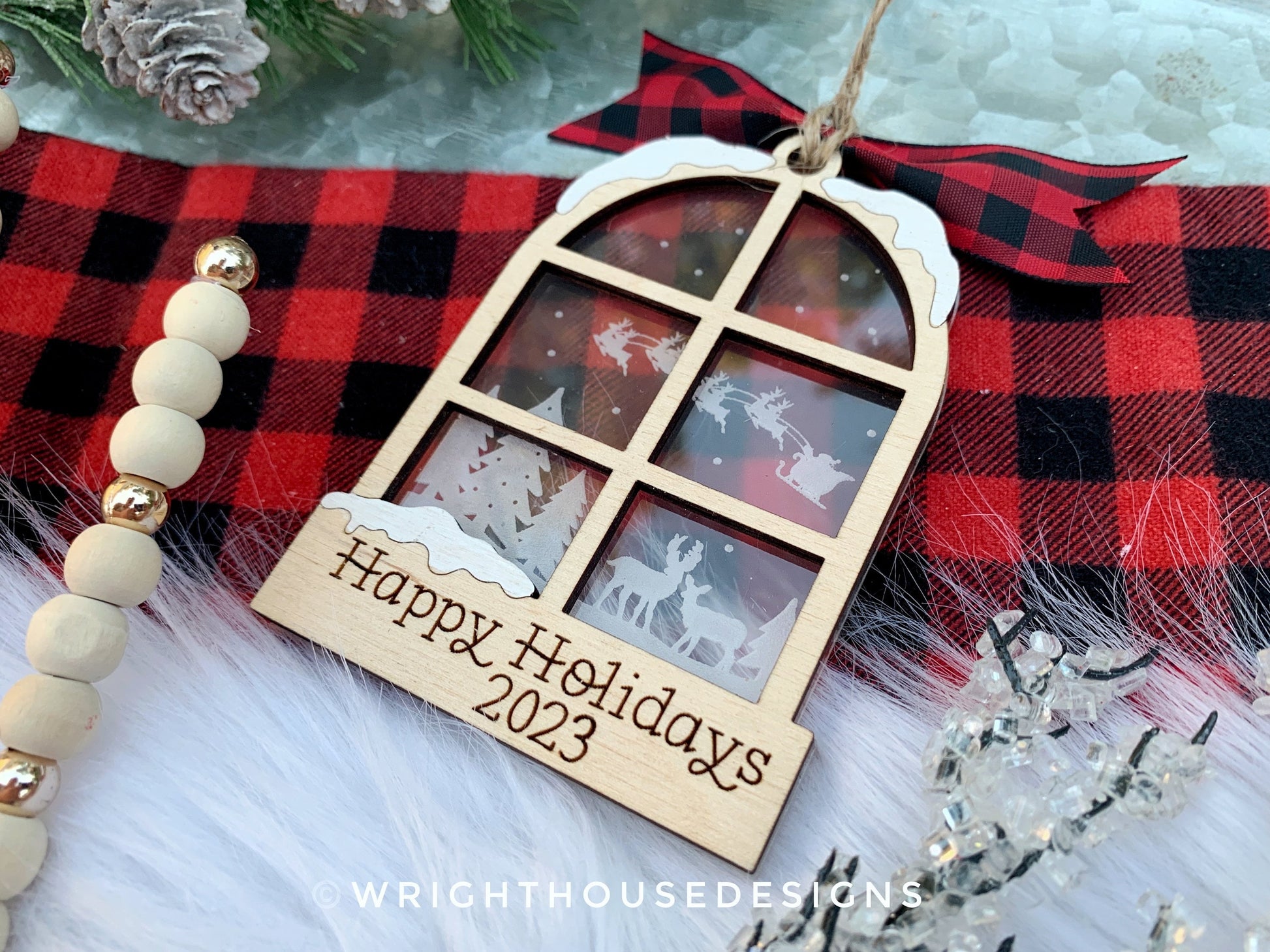 Santa Sleigh Winter Woodland Scene Ornament - Engraved Personalized Yearly Christmas Eve Ornament - Layered Wood and Acrylic Window Ornament