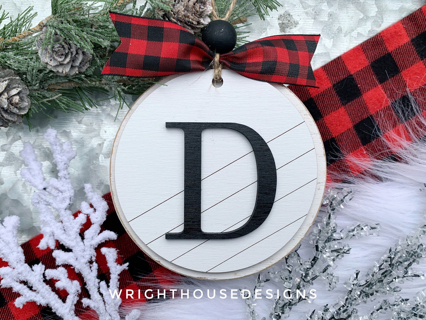 Custom Initial Pattern Monogram Ornament - Farmhouse Minimalist Christmas Tree Ornament - Round Shiplap Stocking Tag - Couples Holiday Gift
