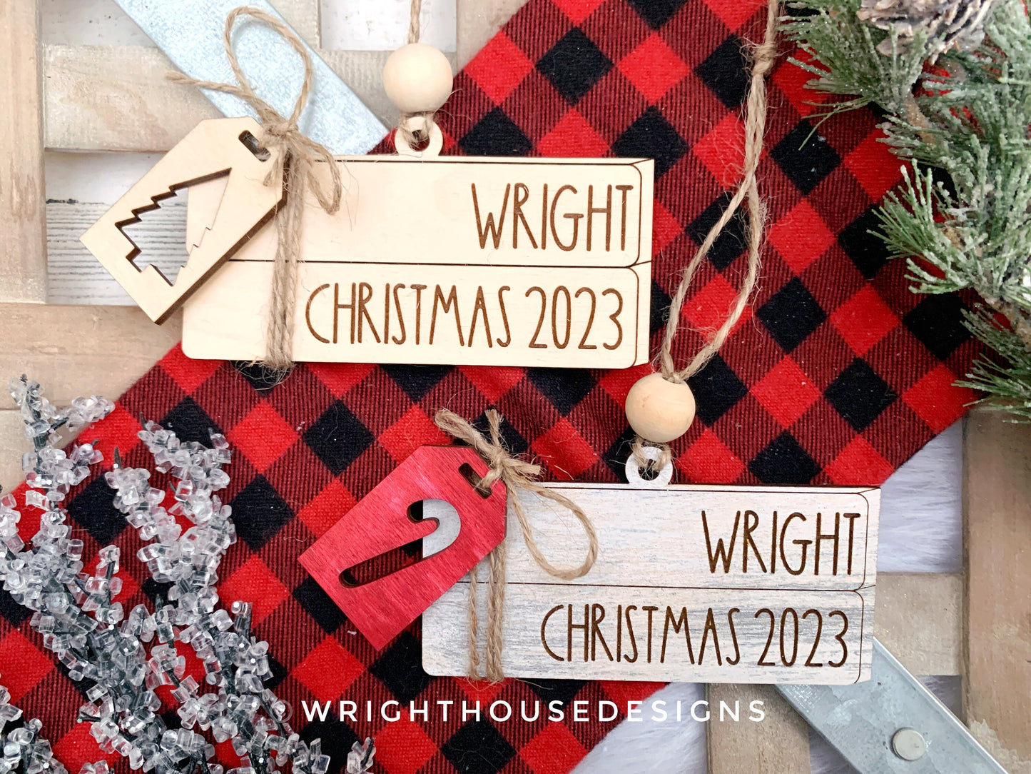 Christmas 2023 Bookstack Ornaments - Personalized Family Name Ornament and Stocking Tags - Holiday Gift For Couples - Custom Year Ornament