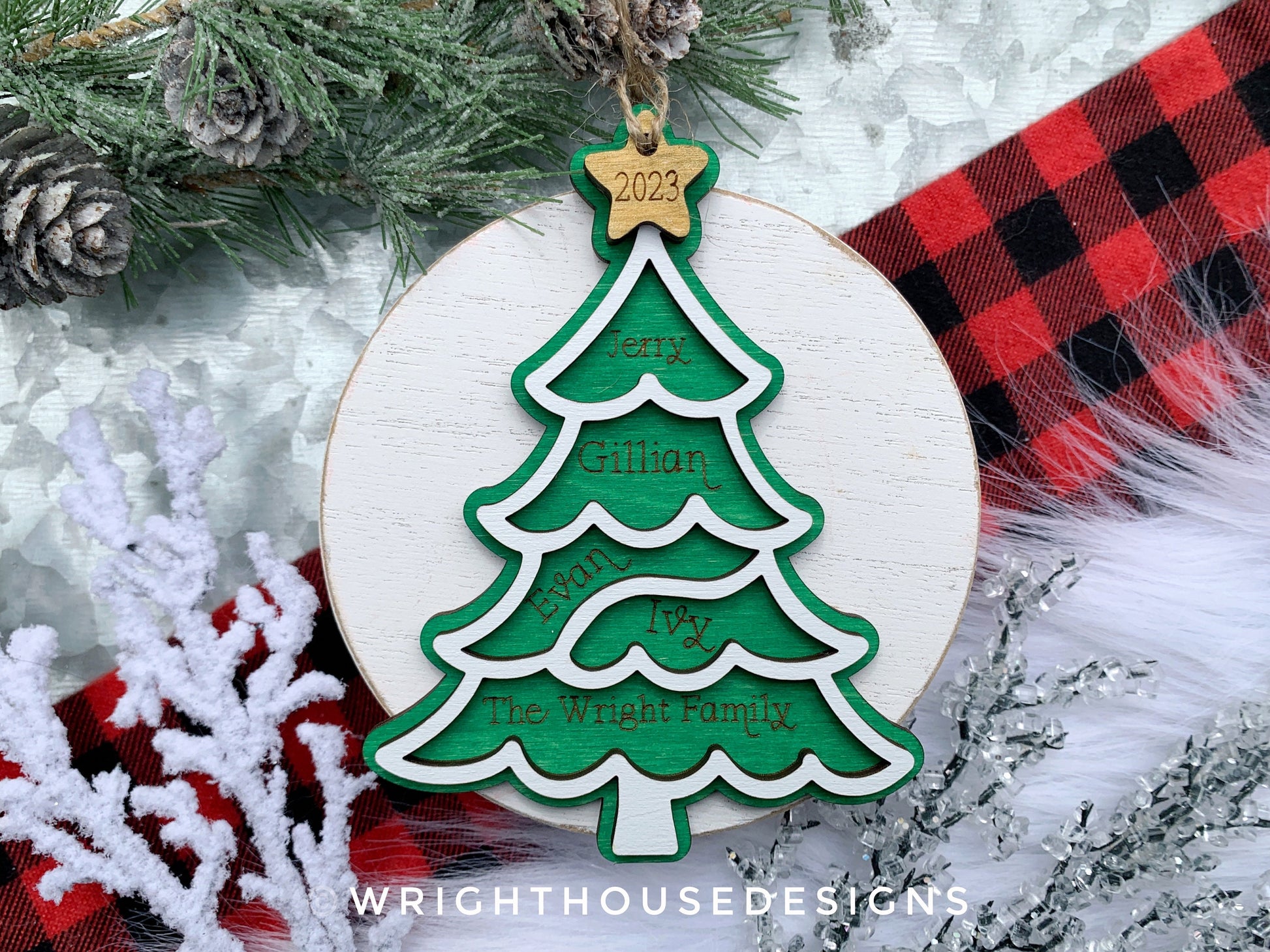 Christmas Family Tree Ornament - Personalized Family Name Ornament - Wooden Gift Bag and Stocking Tag - Custom Holiday Keepsake for 2023