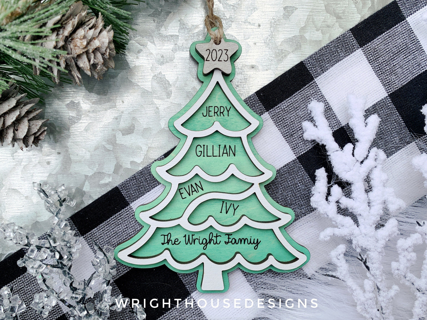 Christmas Family Tree Ornament - Personalized Family Name Ornament - Wooden Gift Bag and Stocking Tag - Custom Holiday Keepsake for 2023